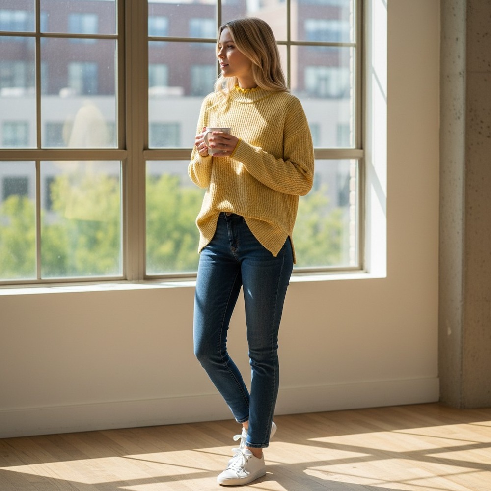 Loft Outlet Yellow Marled Cotton Mock Neck Women's Knit Sweater Side Slits Sz S